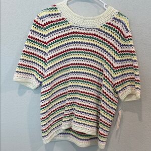 Nanette Lepore Short-Sleeved Crochet Knit Top with Multicolor Accents